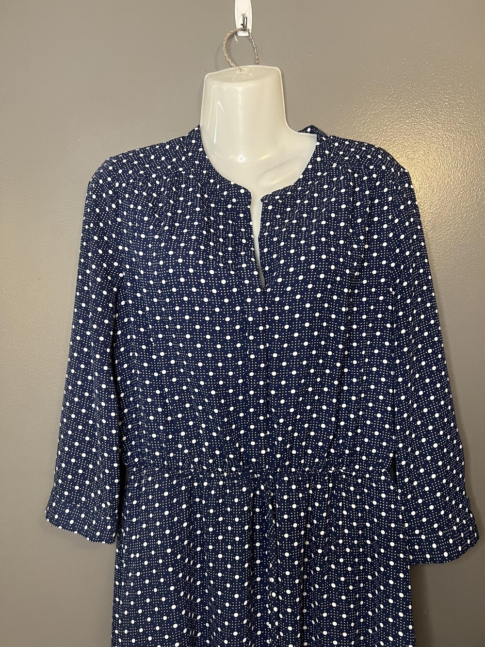 DR2 Dress Womens Medium Blue Polka Dot 3/4 Sleeve Henley Shirt Dress Short
